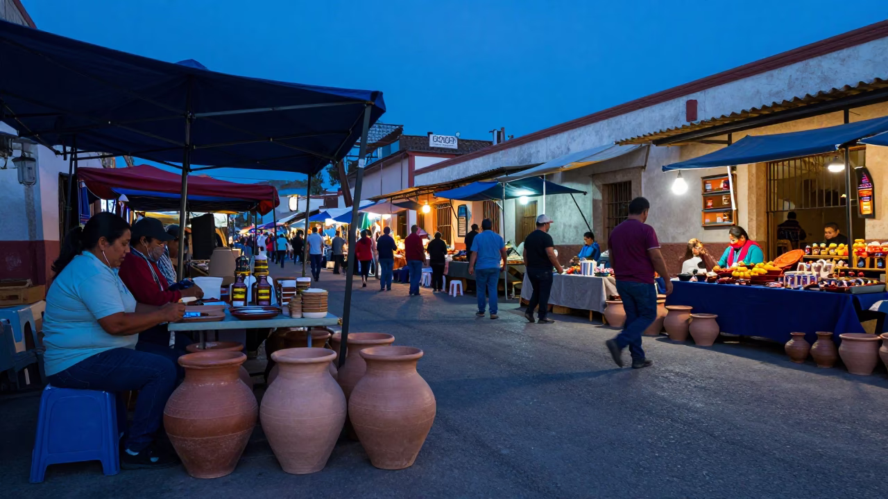 Oaxaca Mexico Evening Market Scene with Stoneware Crocks and Local Commerce in in Oaxaca, Mexico