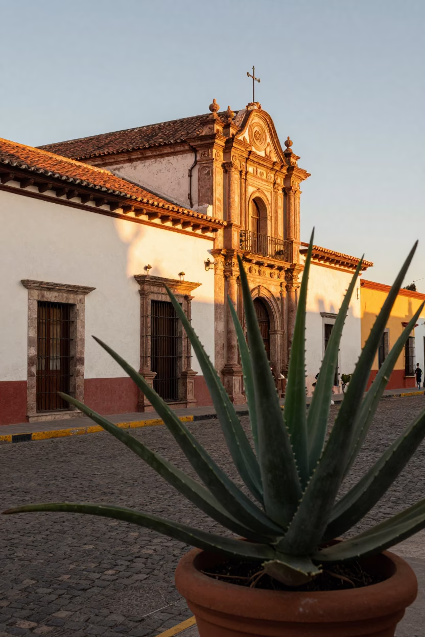 Oaxaca Mexico Evening Street Scene with Aloe Vera Plant and Local Architecture in in Oaxaca, Mexico