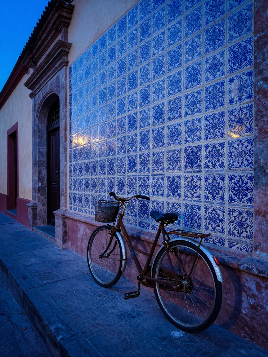 Oaxaca Mexico evening street scene with bicycle and blue tiles in in Oaxaca, Mexico
