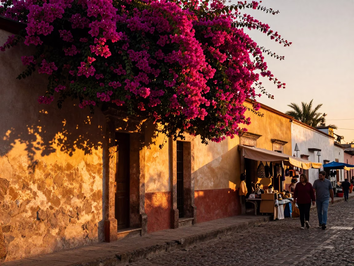 Oaxaca Mexico Evening Street Scene with Bougainvillea and Local Market Activity in in Oaxaca, Mexico