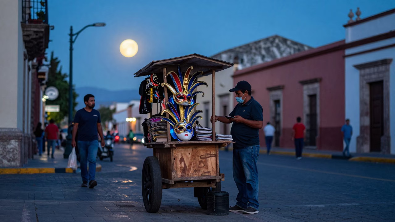 Oaxaca Mexico Evening Street Scene with Carnival Mask and Sun Hats in in Oaxaca, Mexico