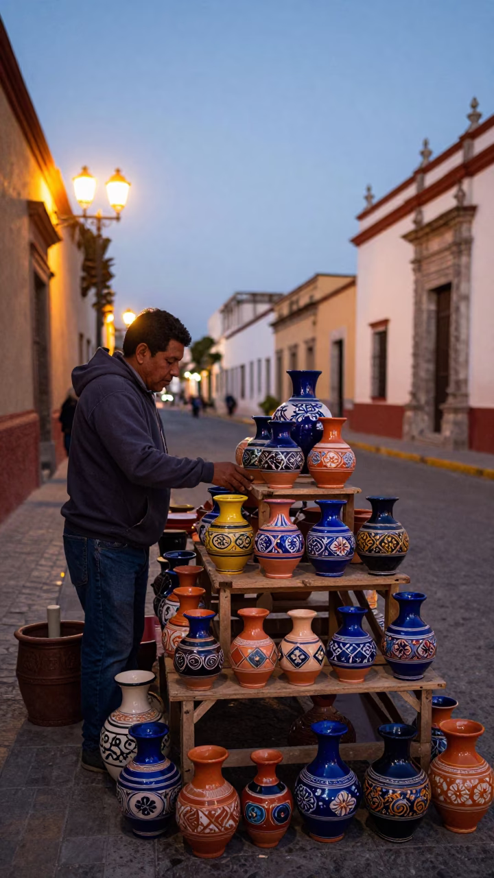 Oaxaca Mexico Evening Street Scene with Ceramic Pottery and Local Commerce in in Oaxaca, Mexico
