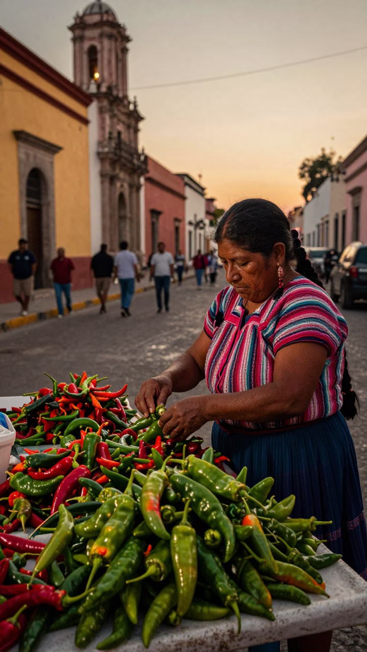 Oaxaca Mexico Evening Street Scene with Chili Peppers and Local Market Activity in in Oaxaca, Mexico