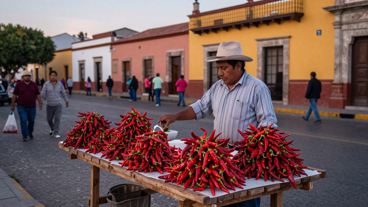 Oaxaca Mexico Evening Street Scene with Chili Peppers and Traditional Market Activity in in Oaxaca, Mexico