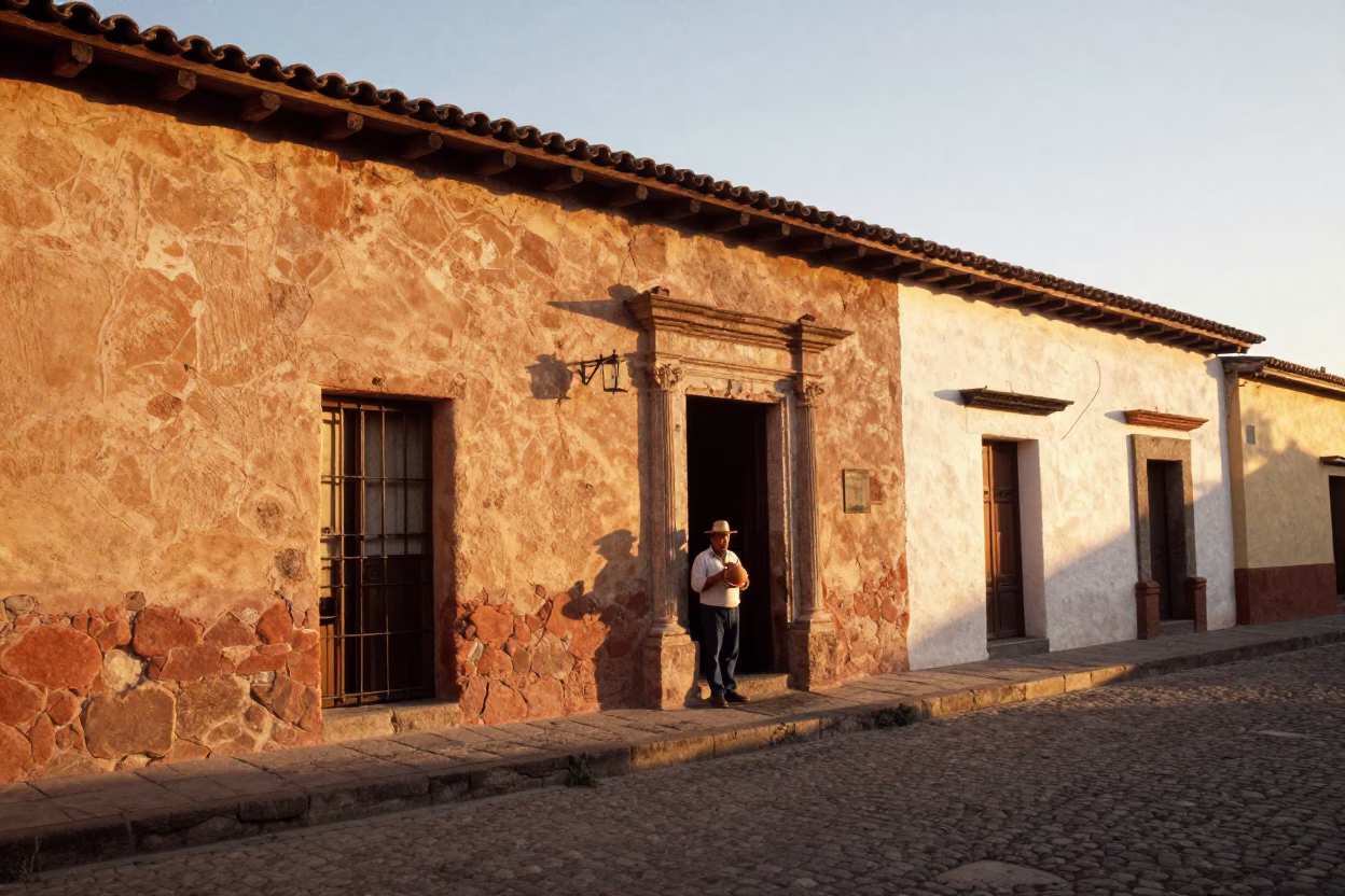 Oaxaca Mexico Evening Street Scene with Clay Kettle and Colonial Architecture in in Oaxaca, Mexico