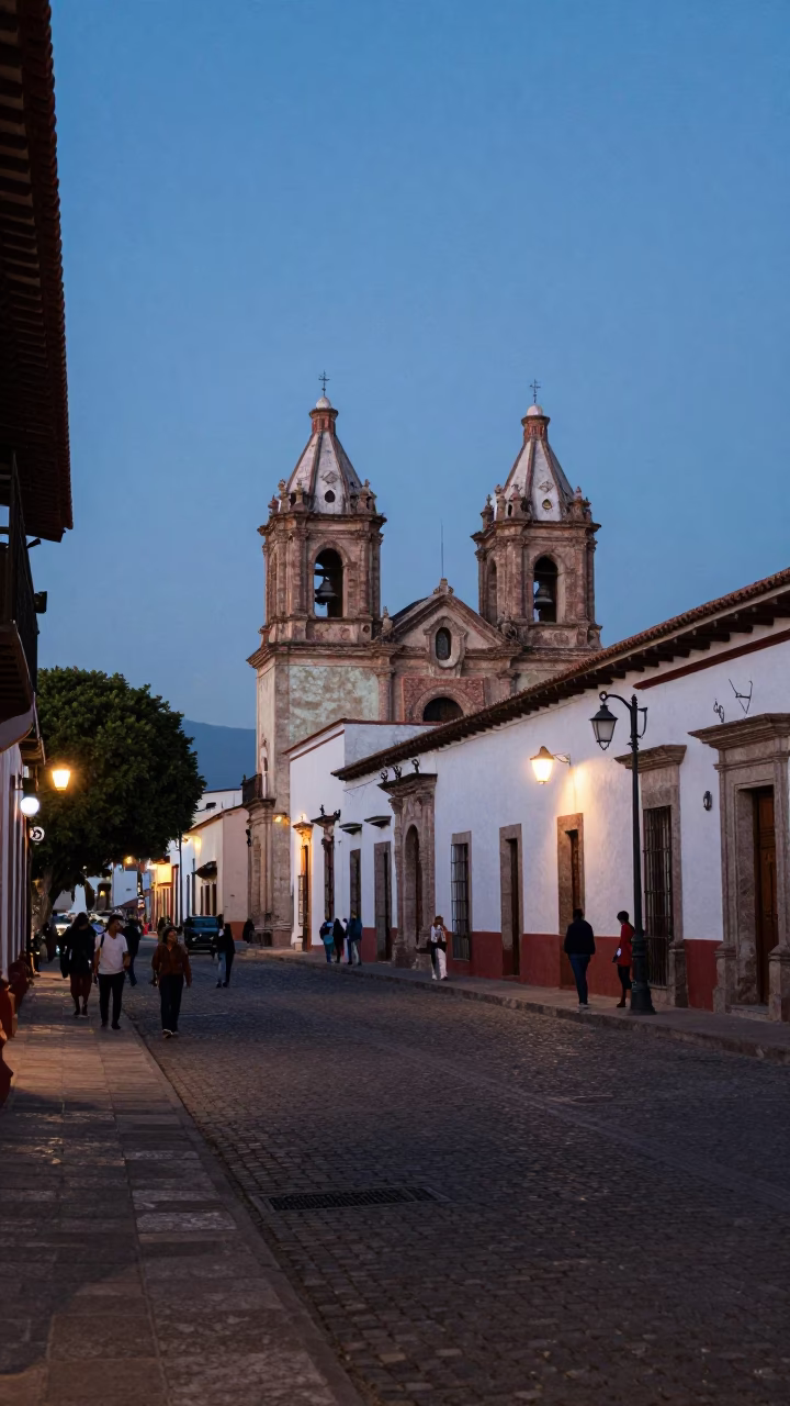 Oaxaca Mexico evening street scene with colonial architecture and local market activity in in Oaxaca, Mexico