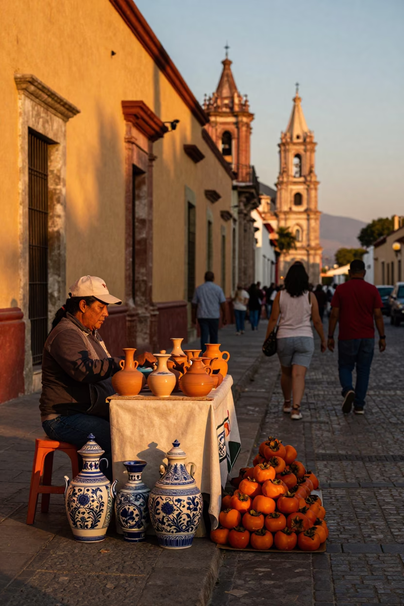Oaxaca Mexico Evening Street Scene with Colorful Pottery and Local Commerce in in Oaxaca, Mexico
