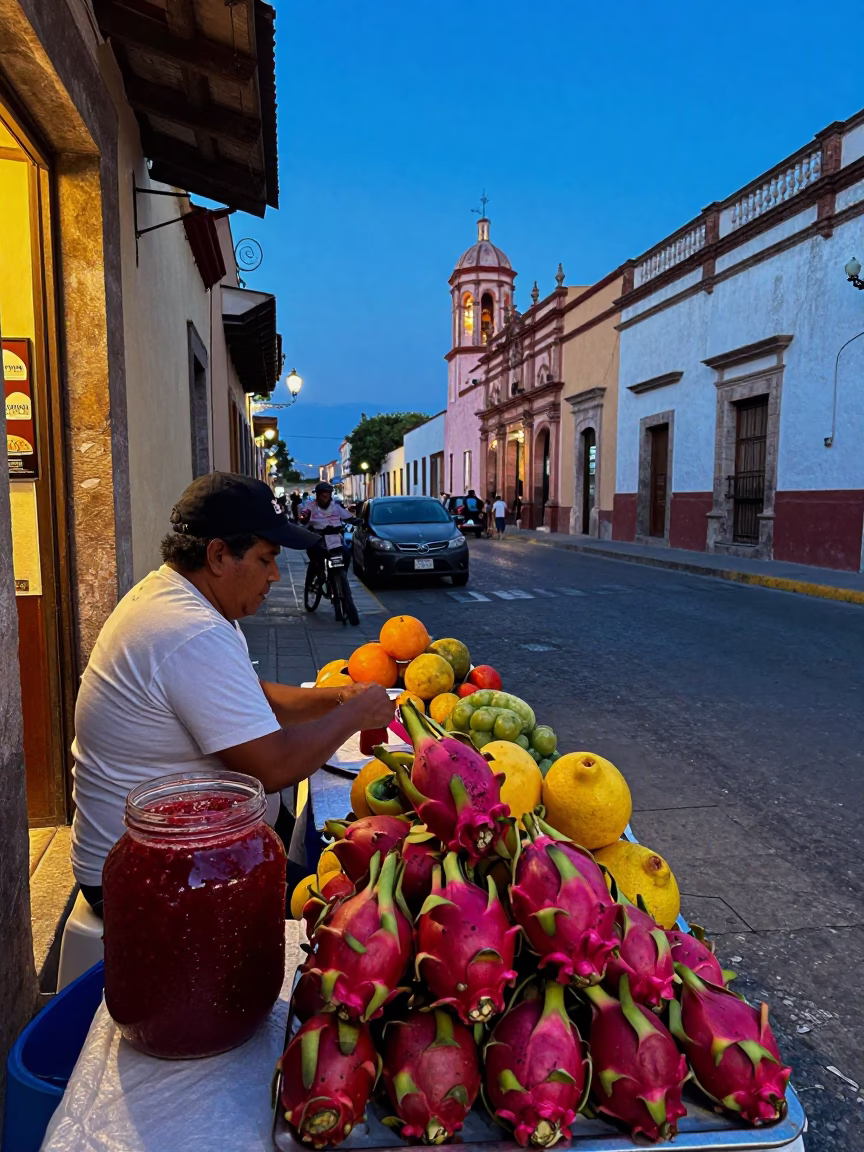 Oaxaca Mexico Evening Street Scene with Dragon Fruit and Jam Jar at Twilight in in Oaxaca, Mexico