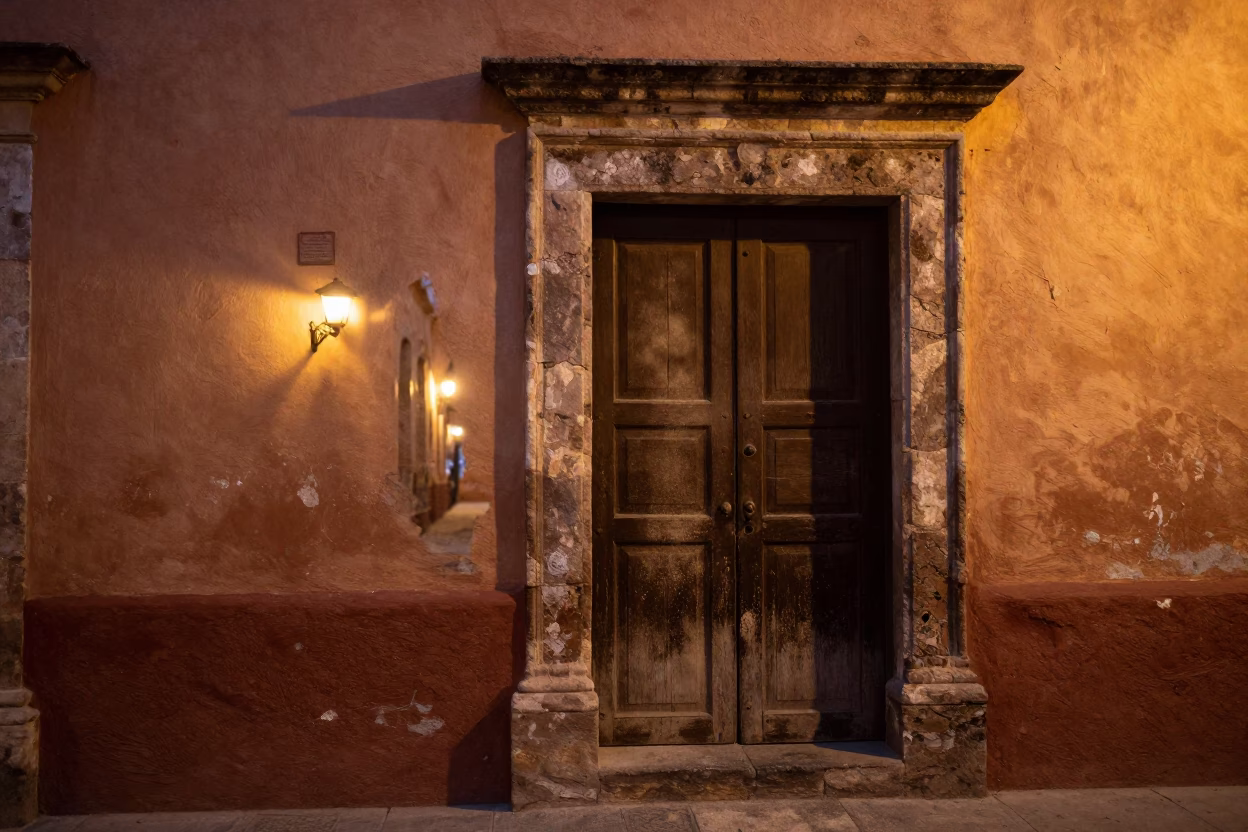 Oaxaca Mexico Evening Street Scene with Dust on Doorframe and City Lights in in Oaxaca, Mexico