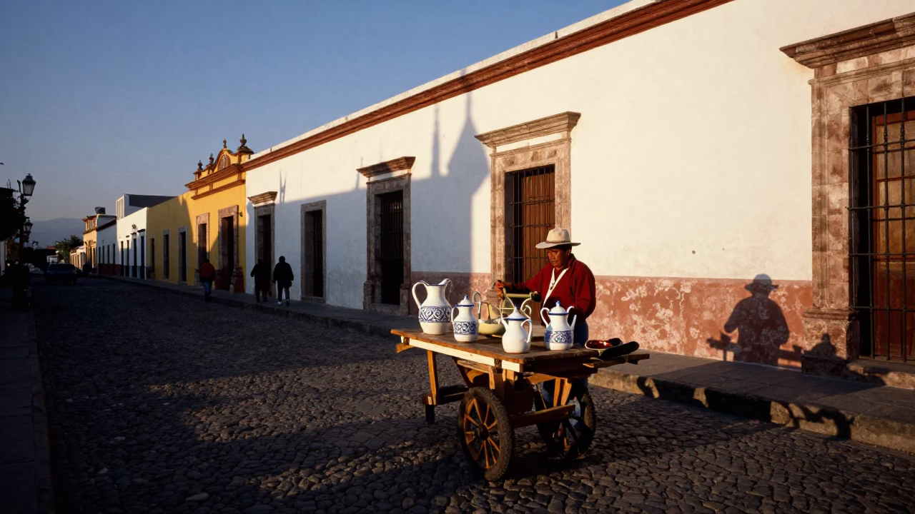 Oaxaca Mexico Evening Street Scene with Enamel Pitcher and Loom Shuttle in in Oaxaca, Mexico