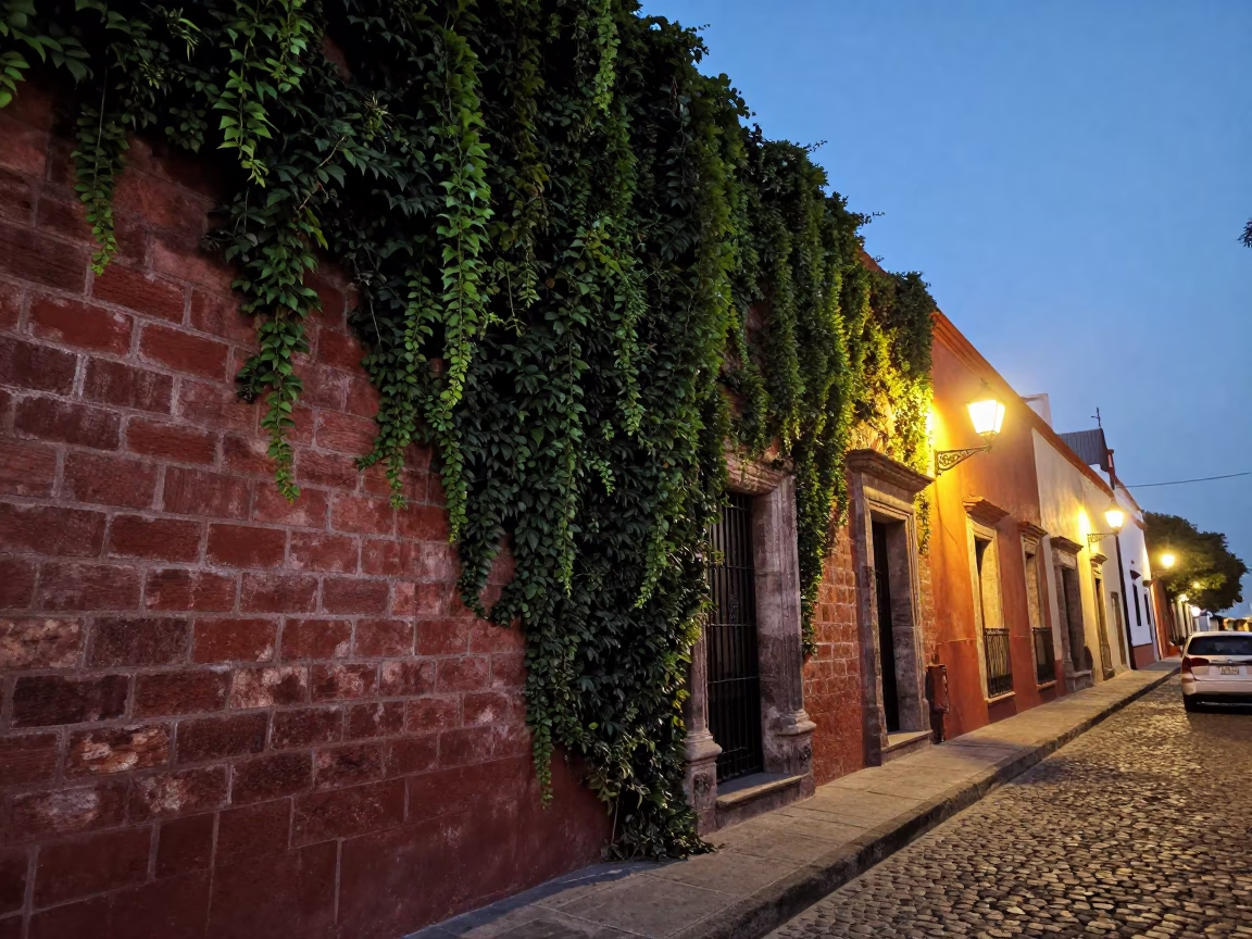 Oaxaca Mexico evening street scene with ivy climbing brick wall and lantern lit alleyway in in Oaxaca, Mexico