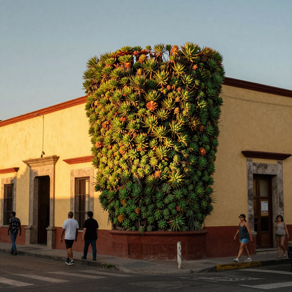Oaxaca Mexico Evening Street Scene with Living Succulent Wall and Local Life in in Oaxaca, Mexico
