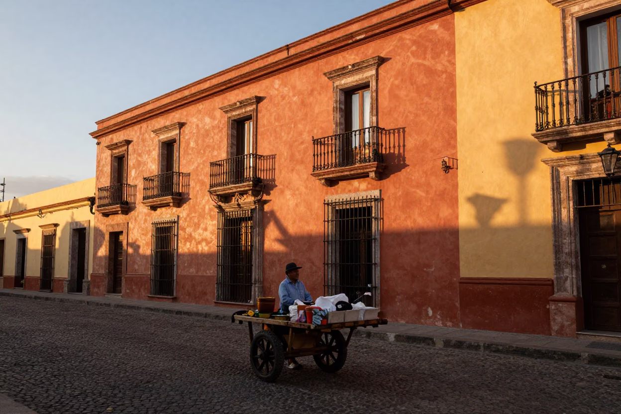 Oaxaca Mexico Evening Street Scene with Local Market Vendor and Pedestrians in in Oaxaca, Mexico
