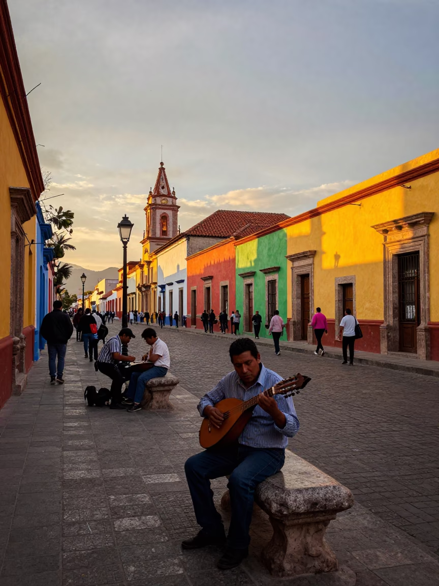 Oaxaca Mexico Evening Street Scene with Mandolin Player and Colorful Umbrellas in in Oaxaca, Mexico