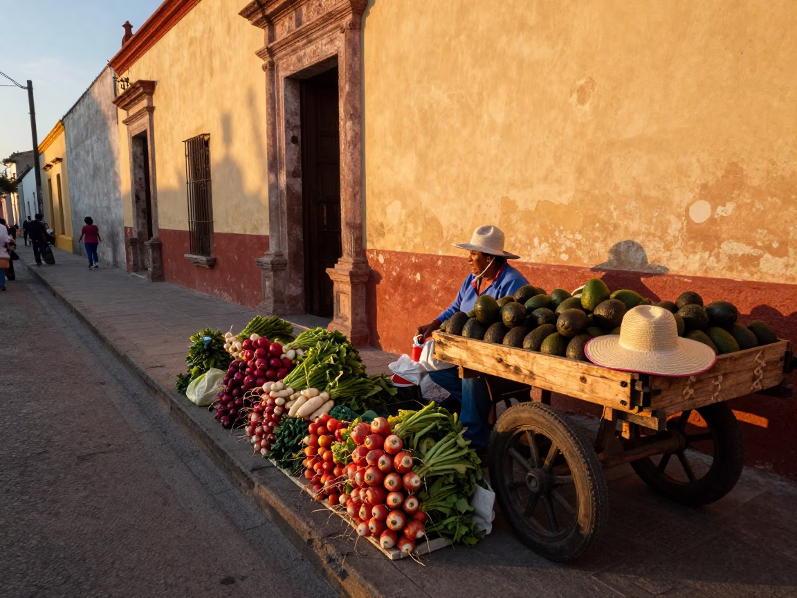 Oaxaca Mexico Evening Street Scene with Market Goods and Sun Hat in in Oaxaca, Mexico