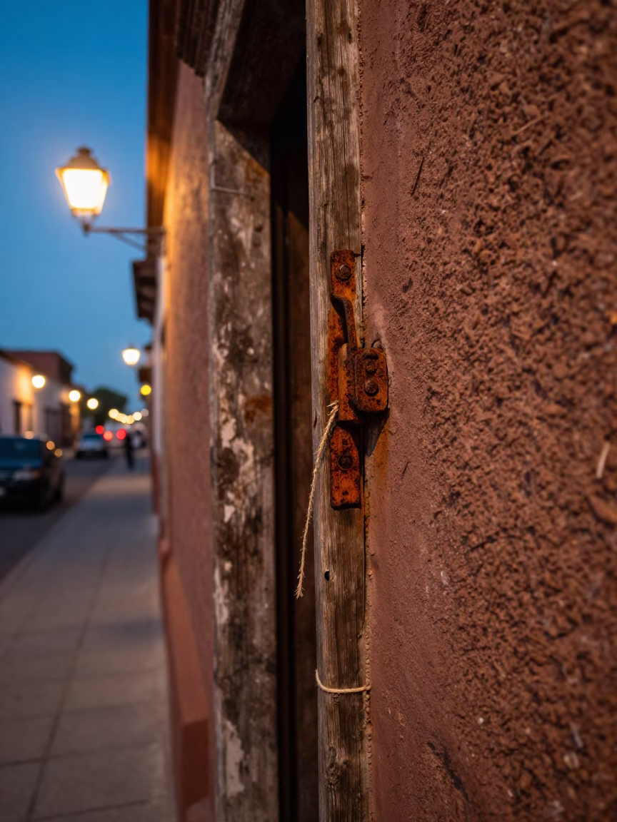 Oaxaca Mexico Evening Street Scene with Rusty Hinge and Twine Bucket Details in in Oaxaca, Mexico