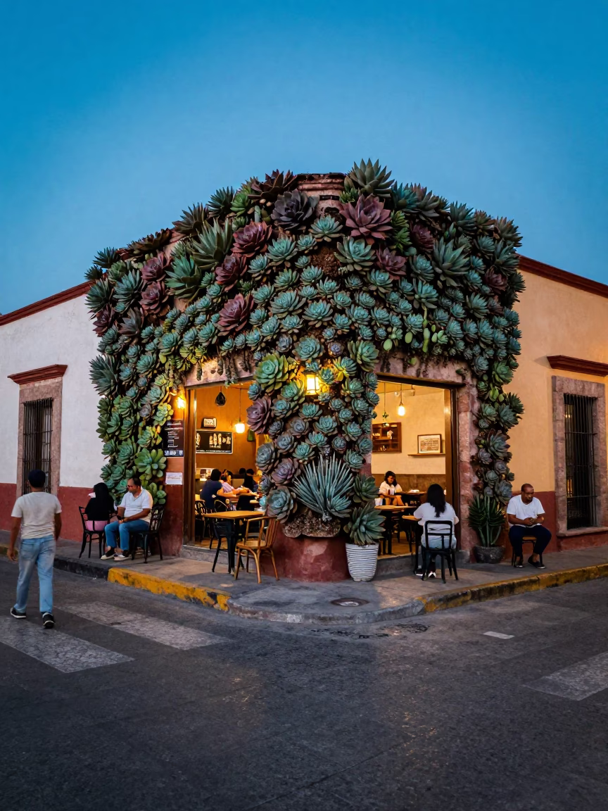Oaxaca Mexico Evening Street Scene with Succulents and Local Life in in Oaxaca, Mexico