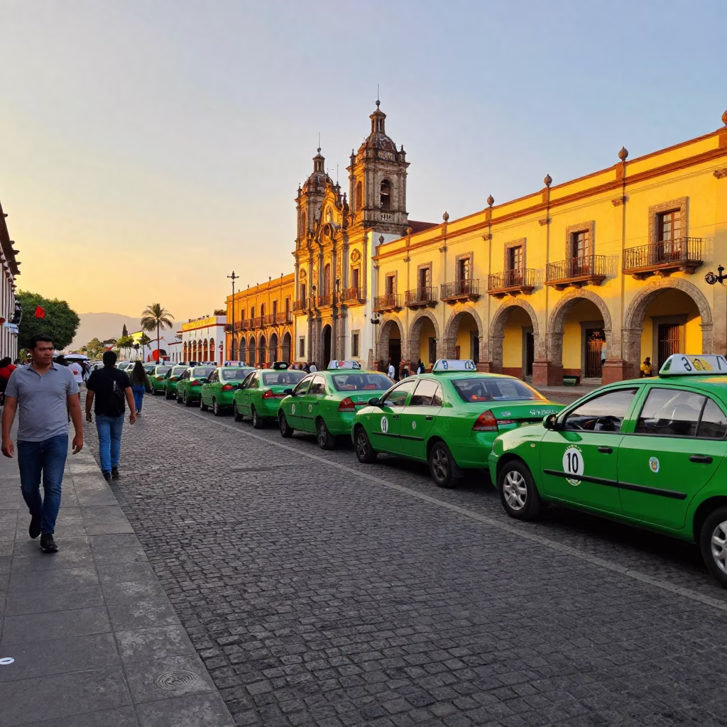 Oaxaca Mexico Evening Street Scene with Taxi Rank and Local Life in in Oaxaca, Mexico