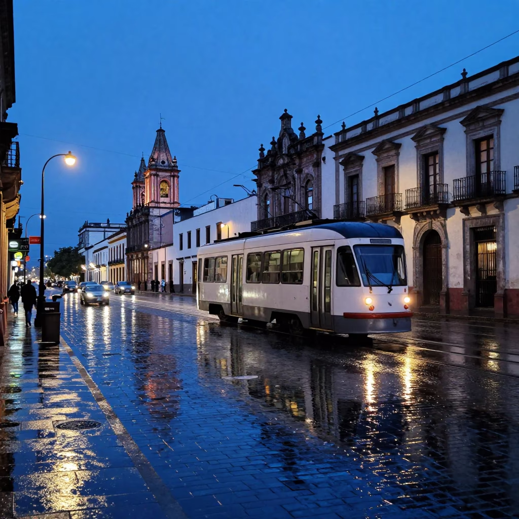 Oaxaca Mexico Evening Street Scene with Tramcar Reflection in Rain on Cobblestones in in Oaxaca, Mexico