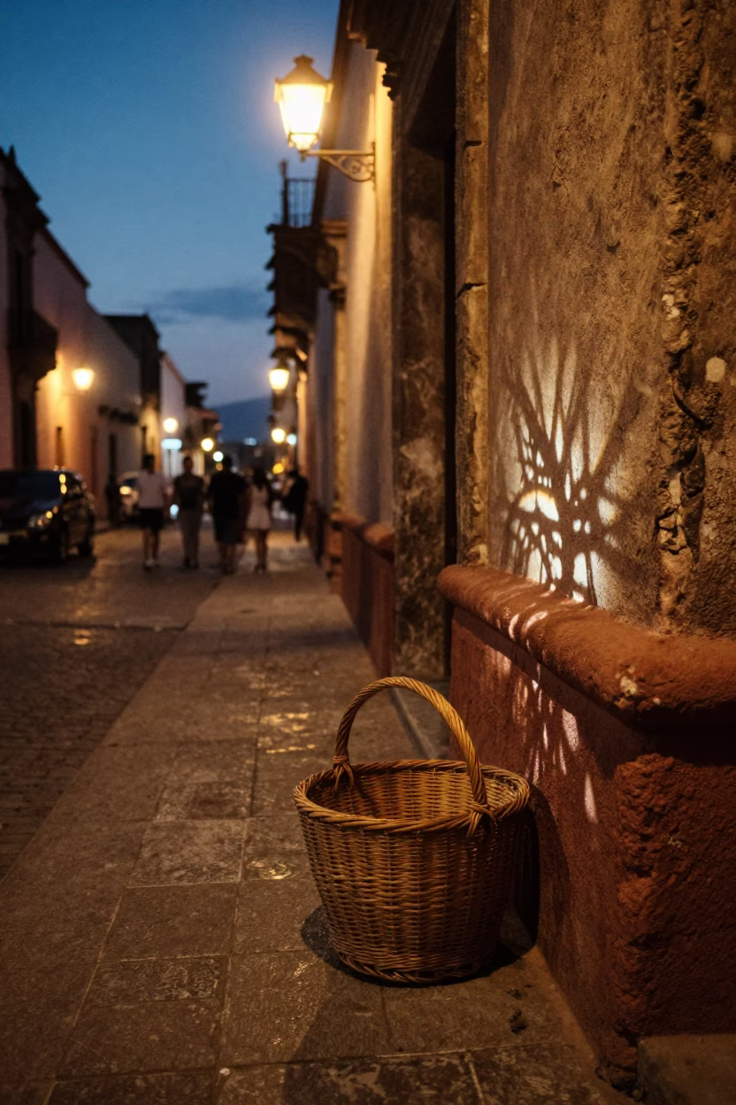 Oaxaca Mexico Evening Street Scene with Wicker Shadow and City Lights in in Oaxaca, Mexico