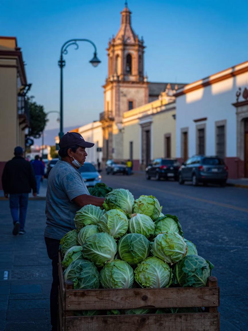 Oaxaca Mexico First Light Dawn Street Scene with Cabbages and Local Market Activity in in Oaxaca, Mexico