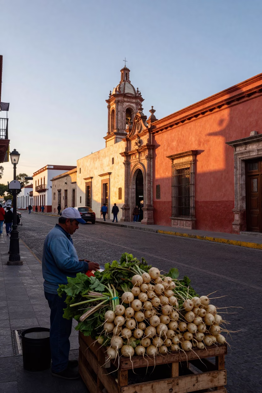 Oaxaca Mexico First Light Dawn Street Scene with Turnips and Colorful Market Stalls in in Oaxaca, Mexico