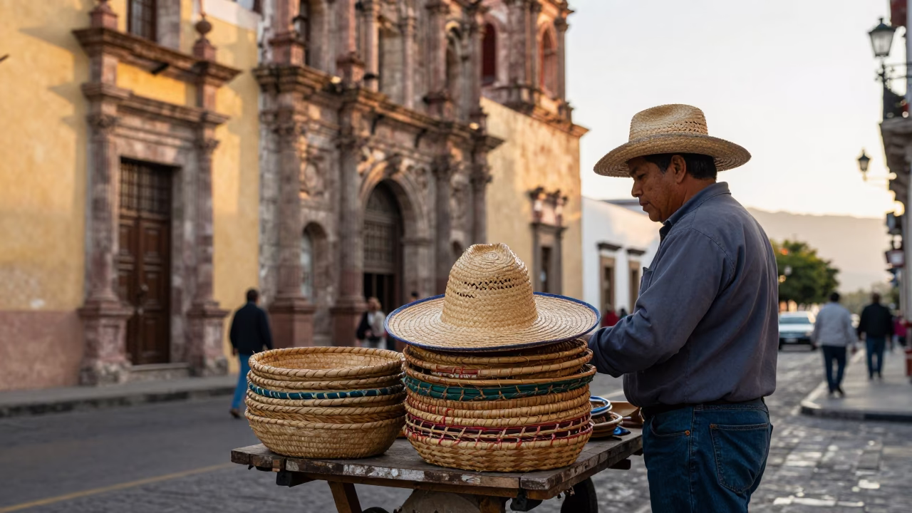 Oaxaca Mexico First Light Street Scene with Straw Hat Vendor and Morning Market Activity in in Oaxaca, Mexico