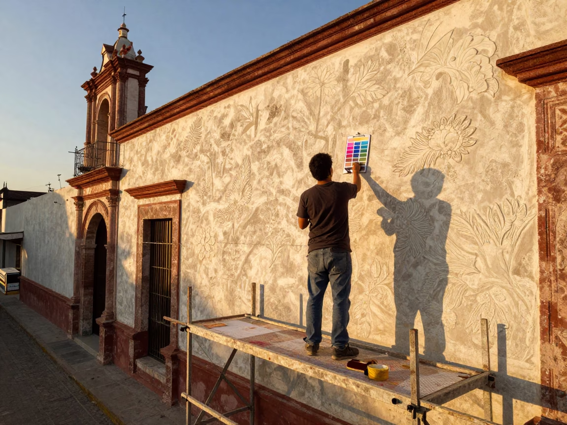 Oaxaca Mexico Golden Hour Muralist Painting Sample Swatches on Scaffold Platform in in Oaxaca, Mexico