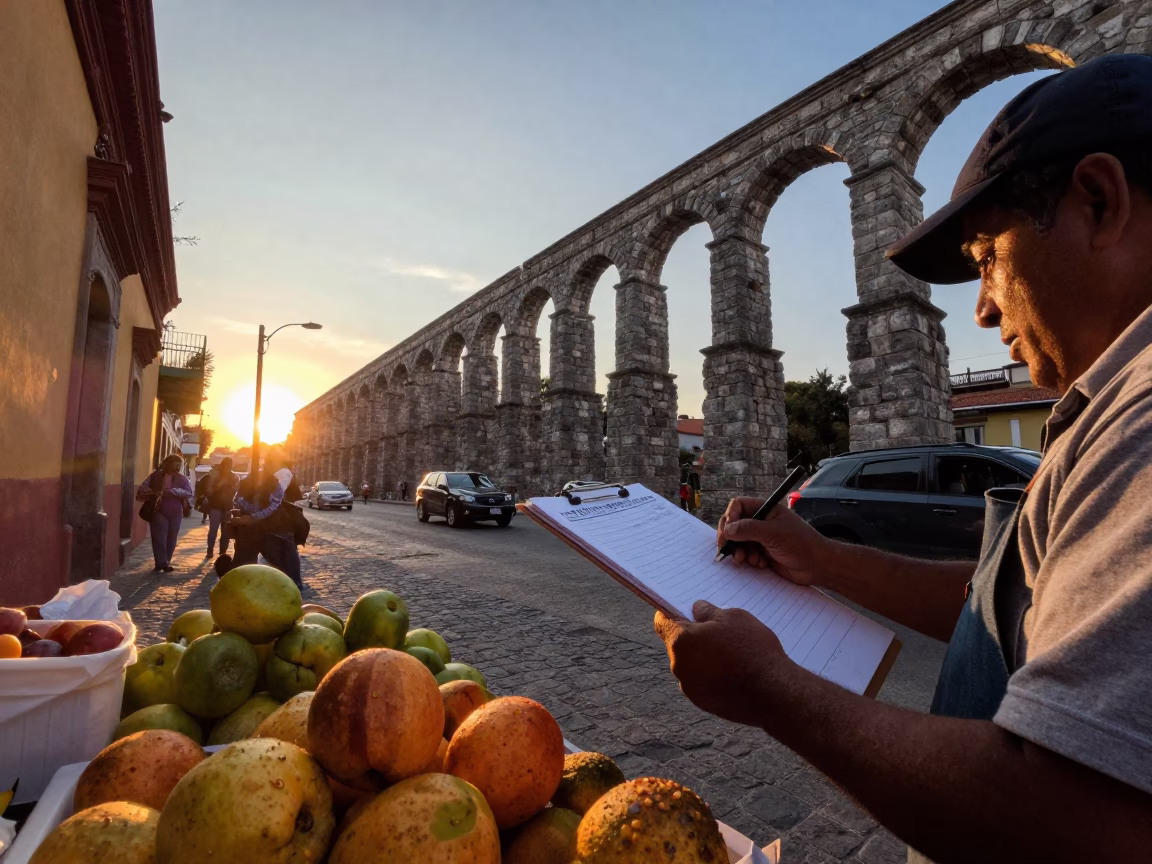Oaxaca Mexico Golden Hour Street Scene with Clipboard and Aqueduct in in Oaxaca, Mexico