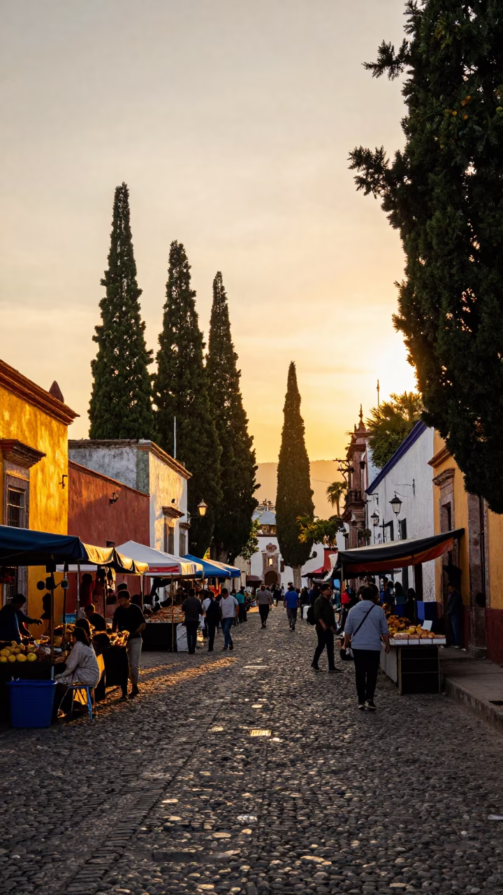 Oaxaca Mexico Golden Hour Street Scene with Cypress Trees and Local Market Life in in Oaxaca, Mexico