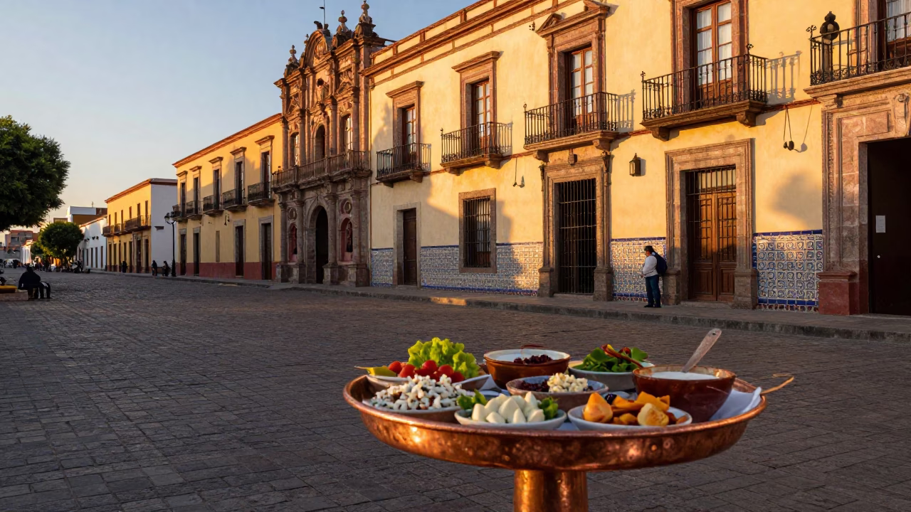 Oaxaca Mexico Golden Hour Street Scene with Mezze Spread on Copper Tray in in Oaxaca, Mexico