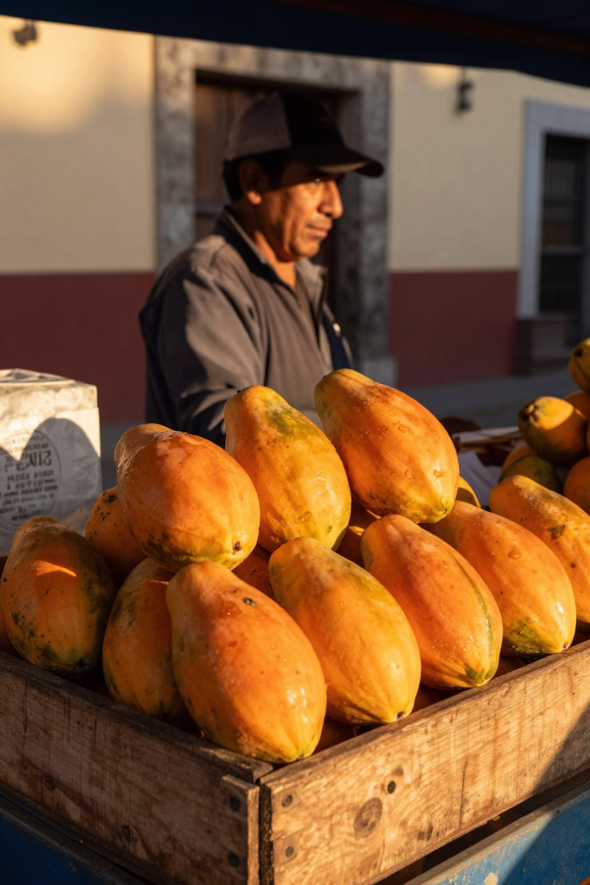 Oaxaca Mexico Honeyed Evening Light Papayas Market Stall Local Vendor in in Oaxaca, Mexico