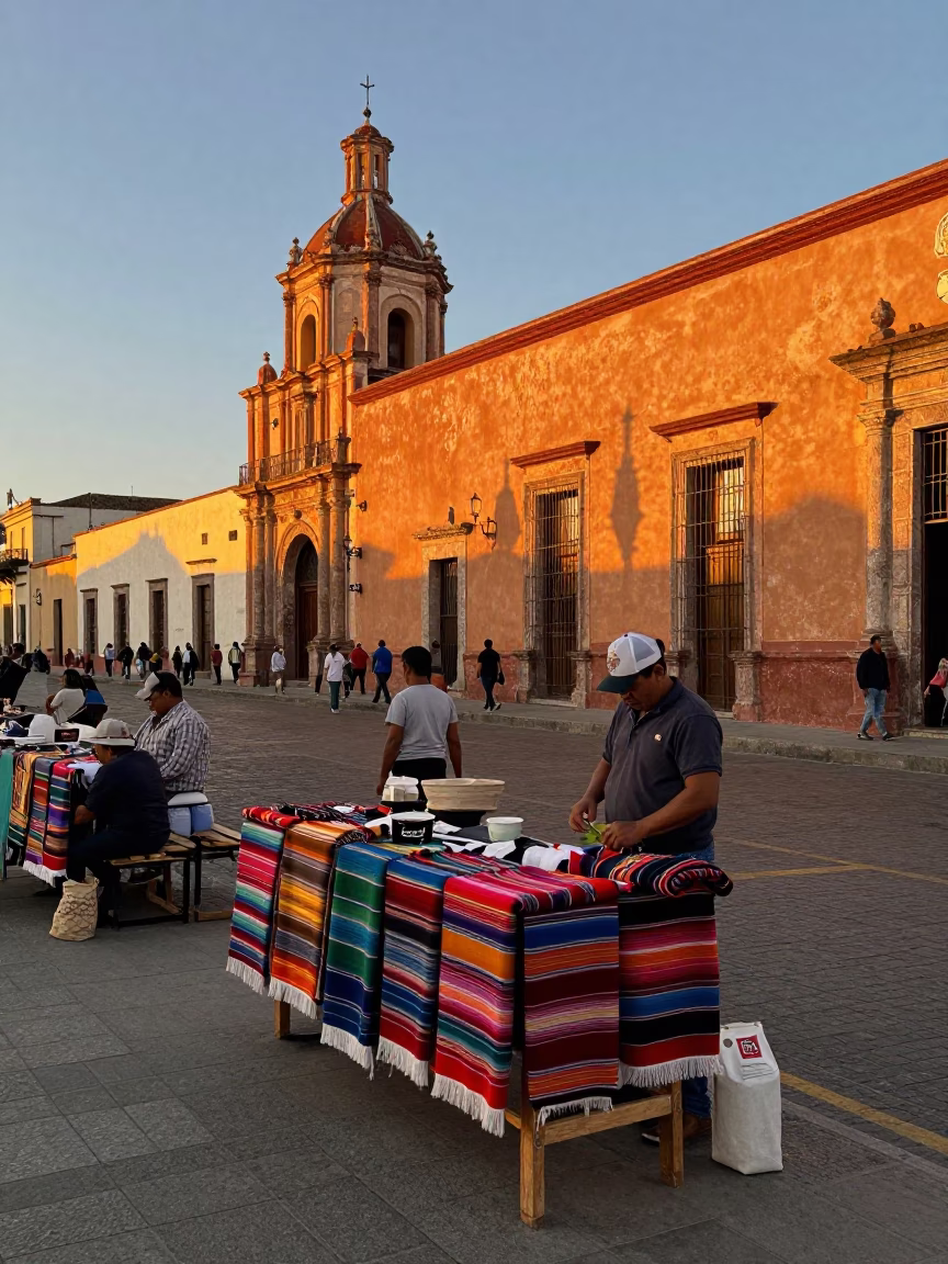Oaxaca Mexico Honeyed Evening Street Scene with Local Market Vendors and Colorful Textiles in in Oaxaca, Mexico