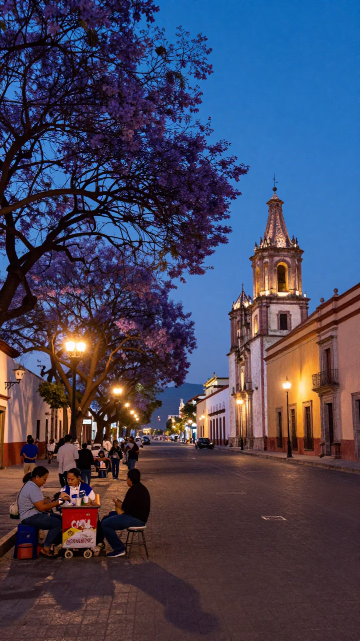 Oaxaca Mexico indigo twilight jacaranda boulevard street vendors and colonial architecture in in Oaxaca, Mexico