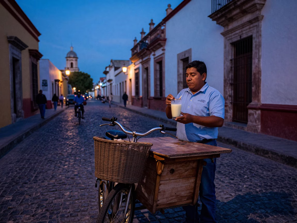 Oaxaca Mexico indigo twilight street scene with bicycle basket and horchata glass in in Oaxaca, Mexico