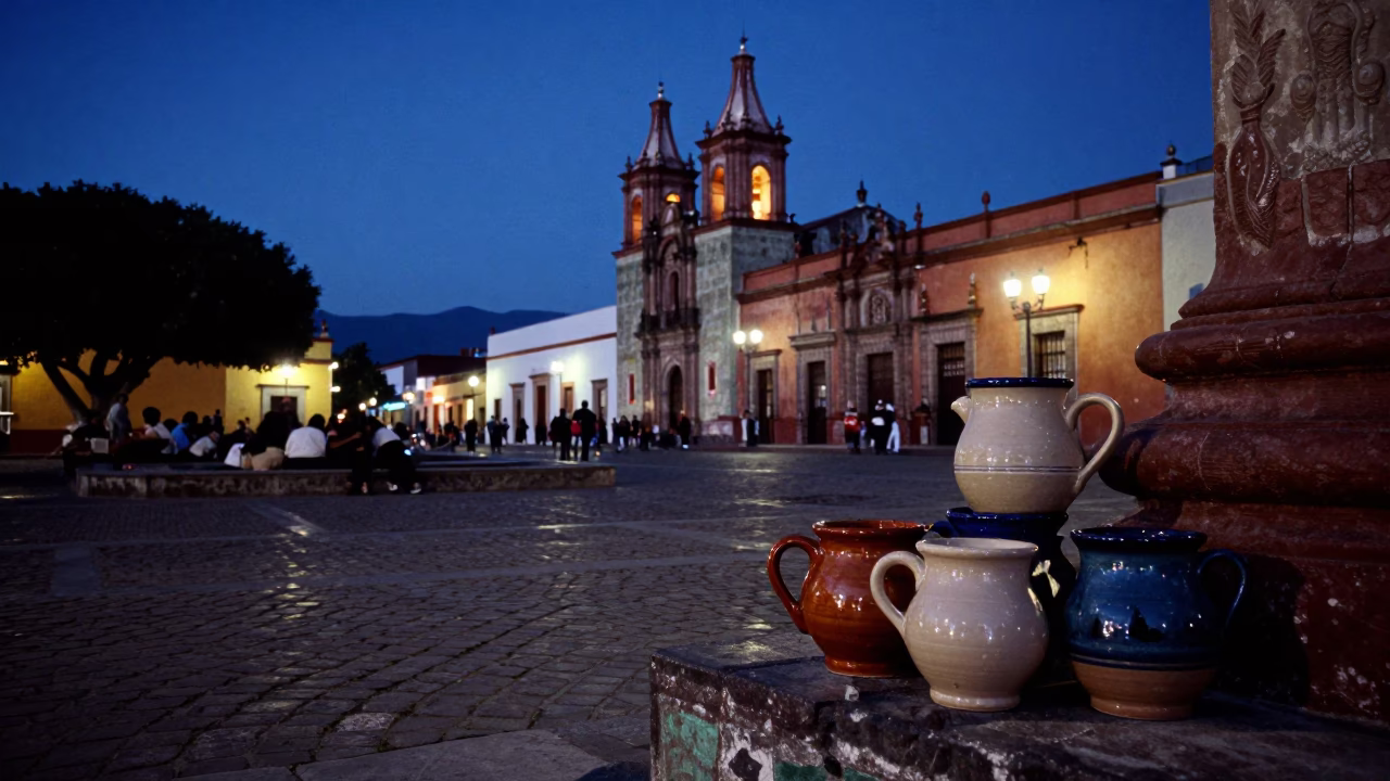 Oaxaca Mexico indigo twilight street scene with ceramic mugs and figs in in Oaxaca, Mexico