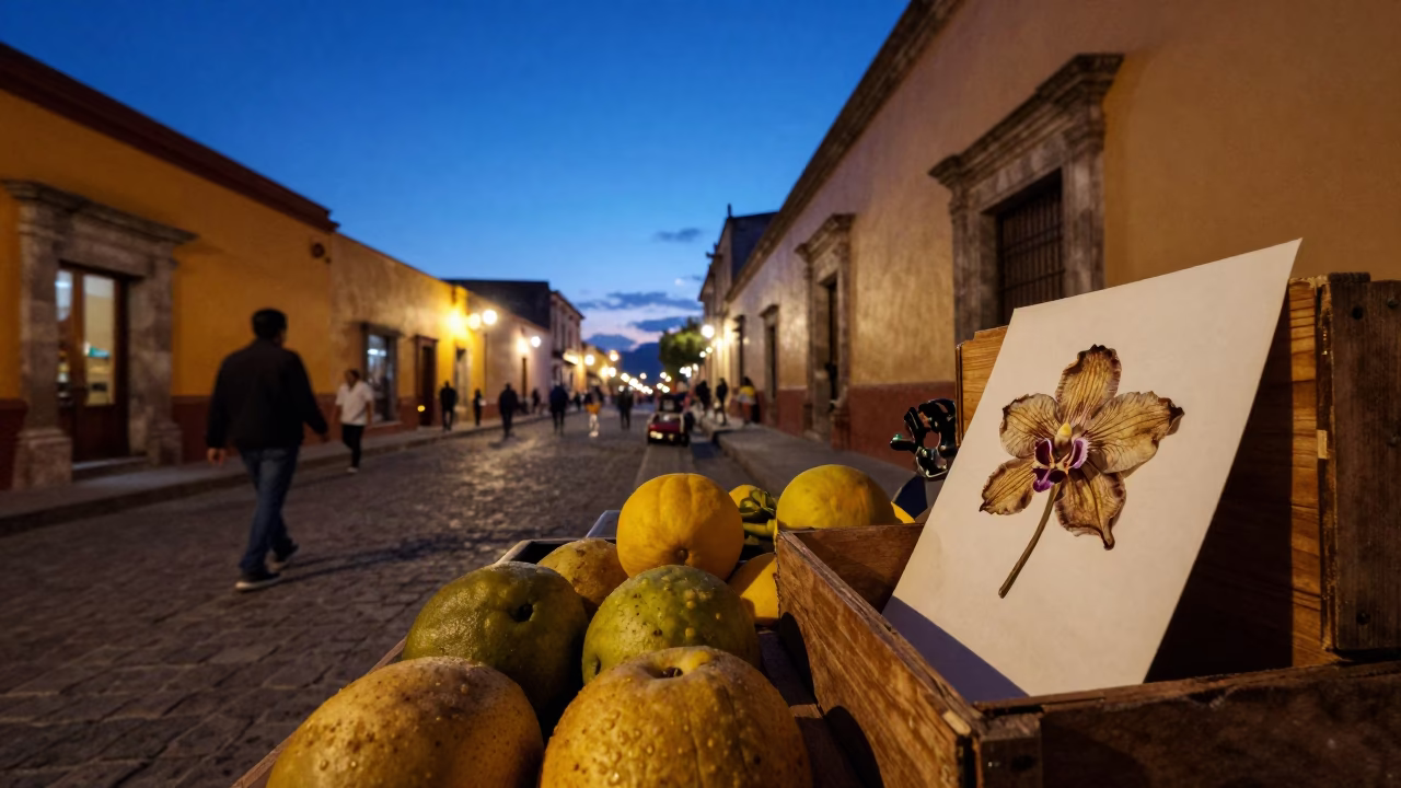 Oaxaca Mexico indigo twilight street scene with dried orchid and peaches in in Oaxaca, Mexico