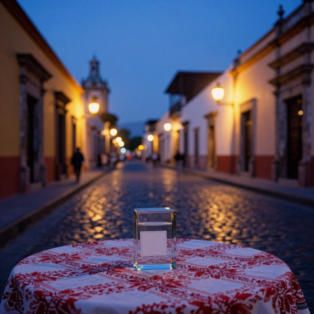 Oaxaca Mexico indigo twilight street scene with paperweight and tablecloth in in Oaxaca, Mexico
