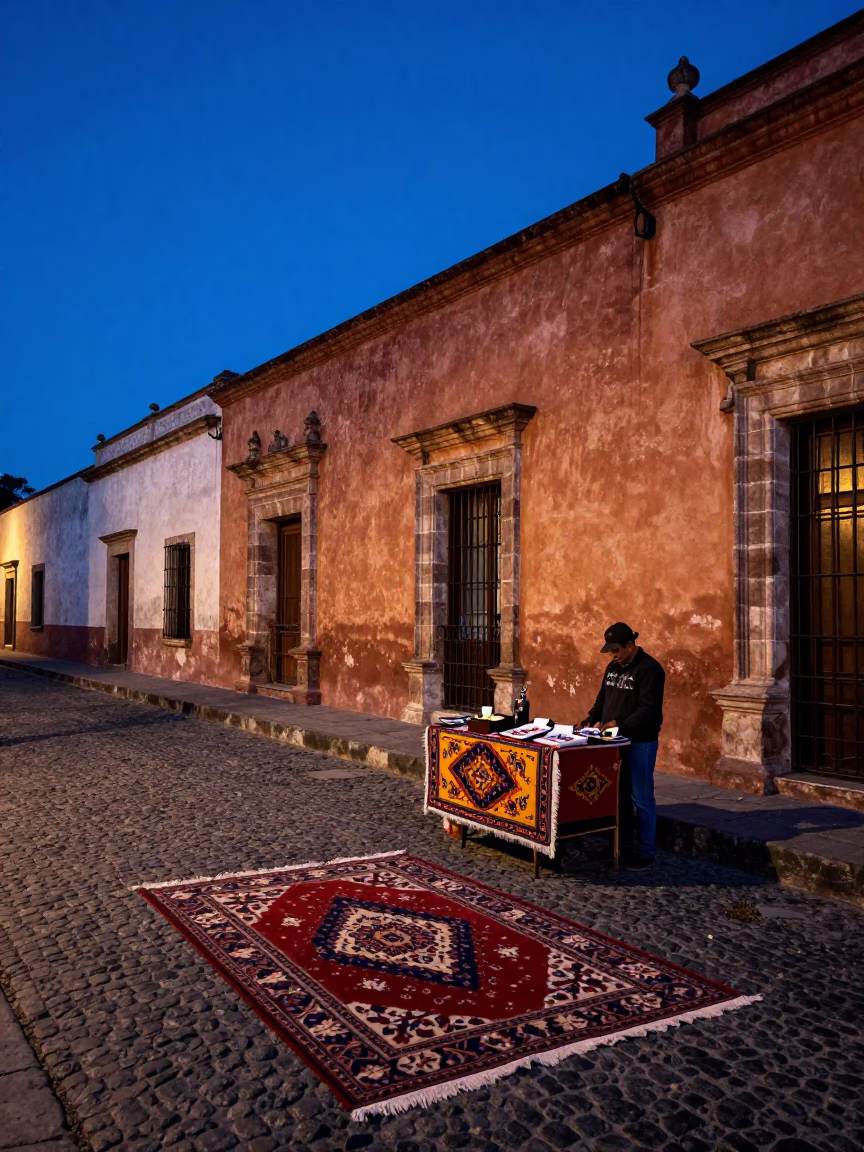 Oaxaca Mexico indigo twilight street scene with patterned rug and cocoa pod in in Oaxaca, Mexico