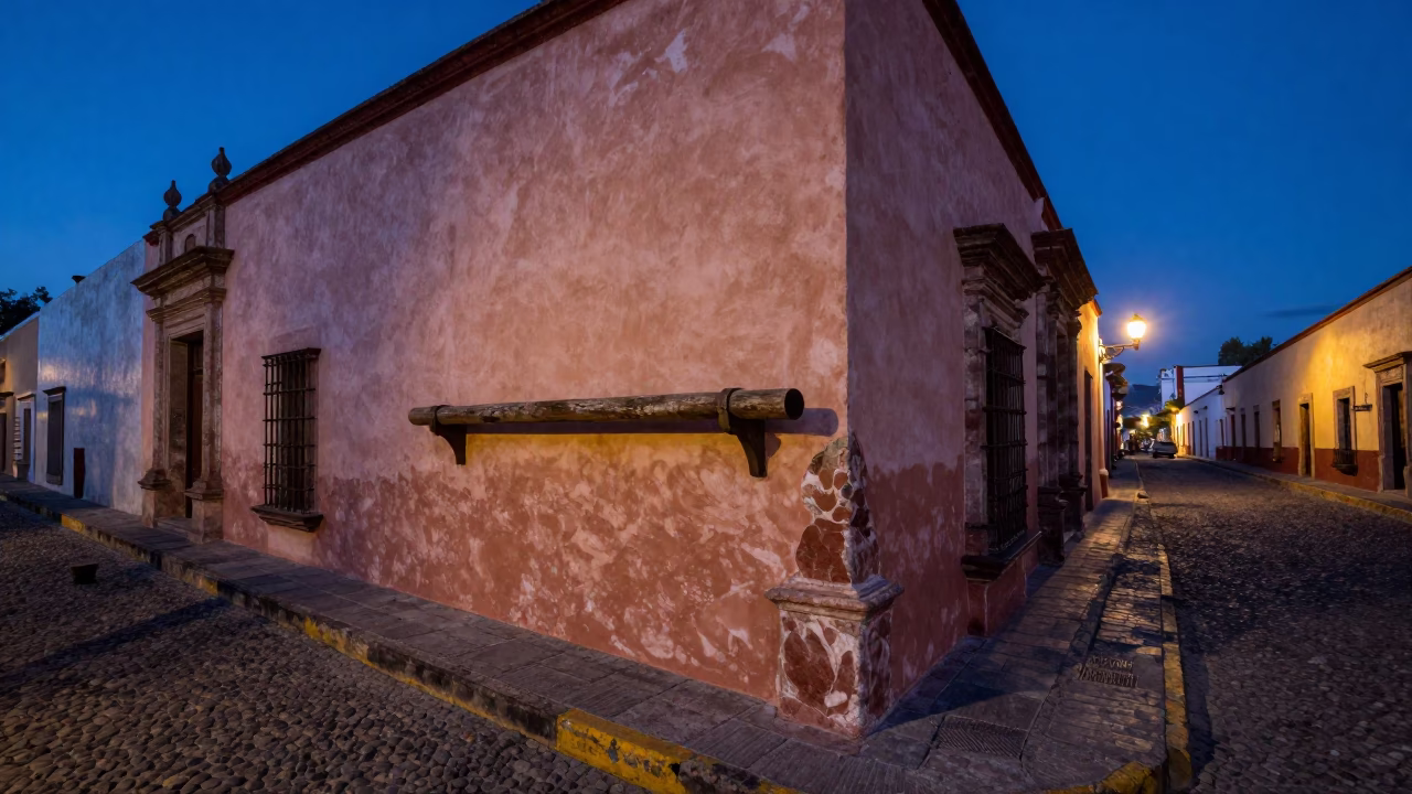 Oaxaca Mexico indigo twilight street scene with peg rail and local evening activity in in Oaxaca, Mexico