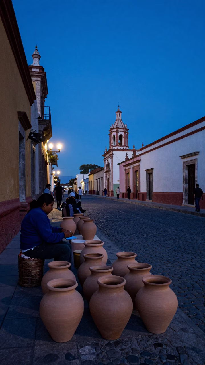Oaxaca Mexico indigo twilight street scene with stoneware crocks and wooden tray in in Oaxaca, Mexico