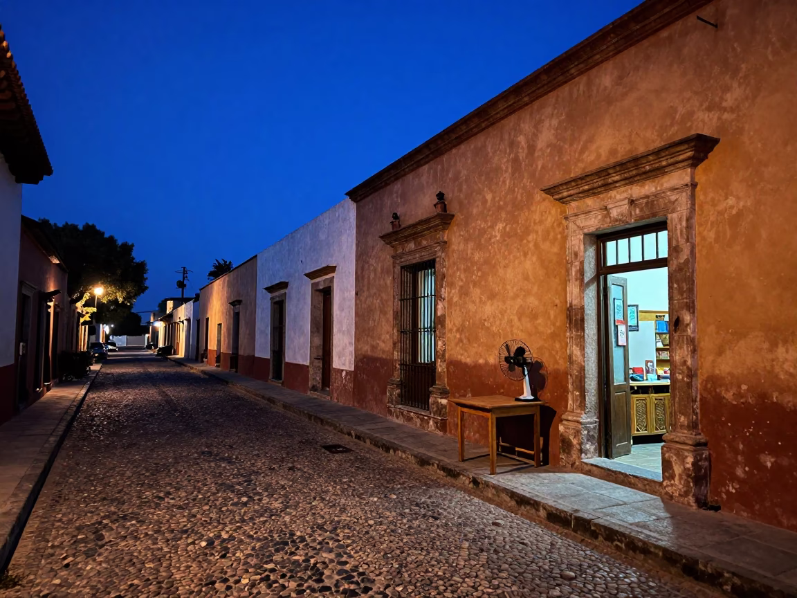 Oaxaca Mexico indigo twilight street scene with table fan and newspaper stack in in Oaxaca, Mexico
