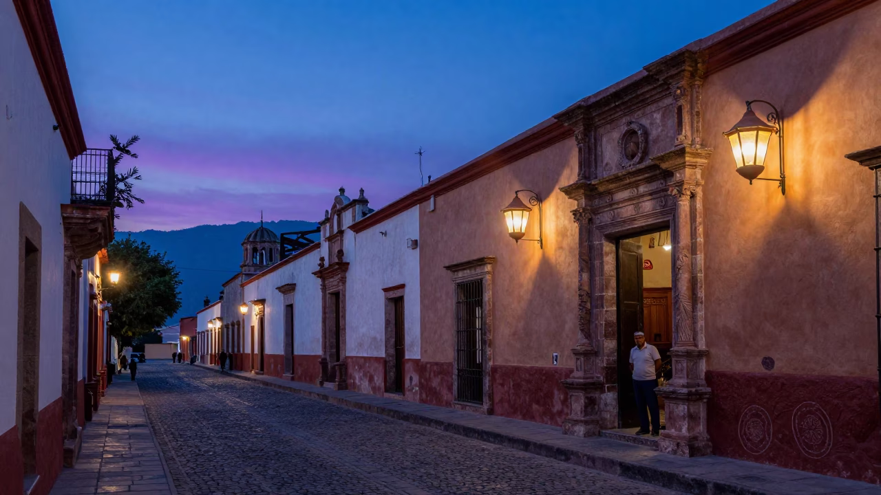 Oaxaca Mexico indigo twilight street scene with traditional clay lanterns and colonial architecture in in Oaxaca, Mexico