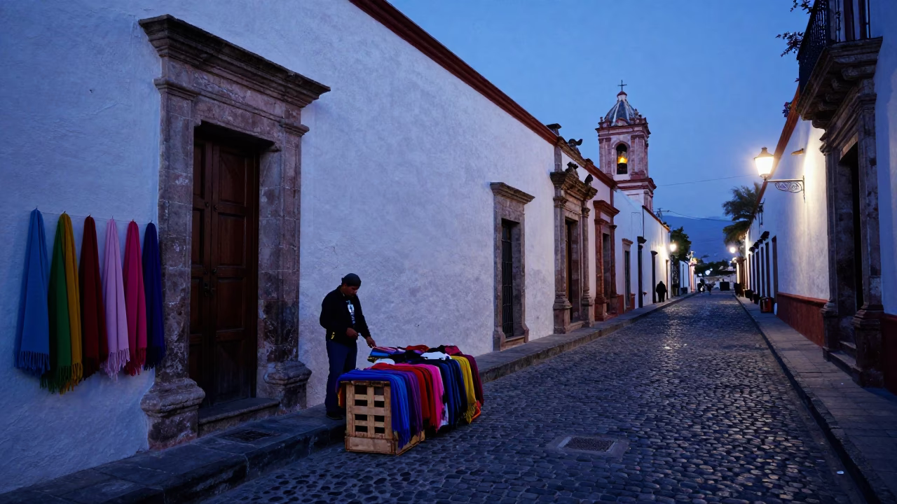 Oaxaca Mexico Indigo Twilight Street Scene with Wool Scarves and Taper Candle in in Oaxaca, Mexico