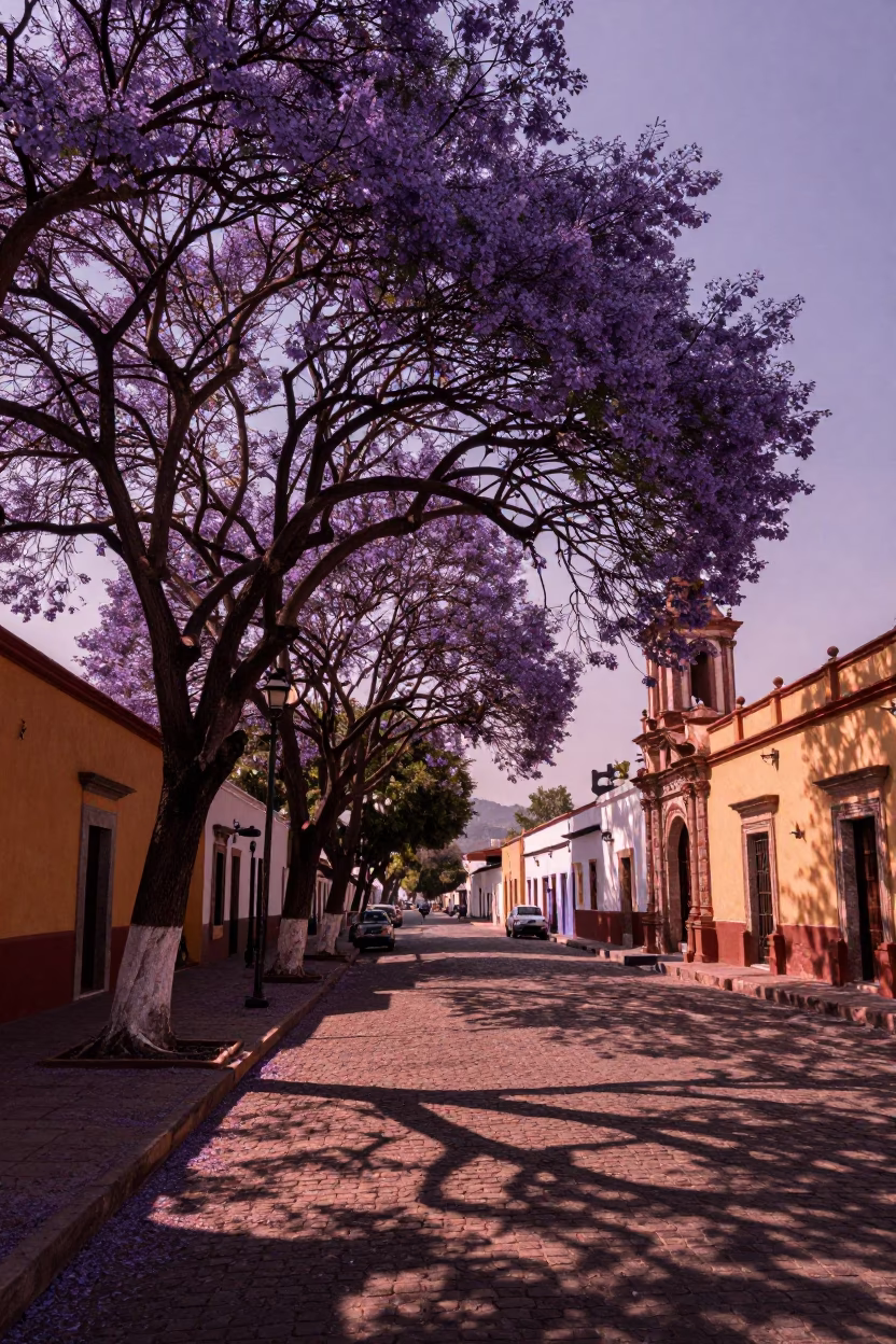 Oaxaca Mexico Jacaranda Tree Purple Bloom Copper Toned Light Before Dusk in in Oaxaca, Mexico