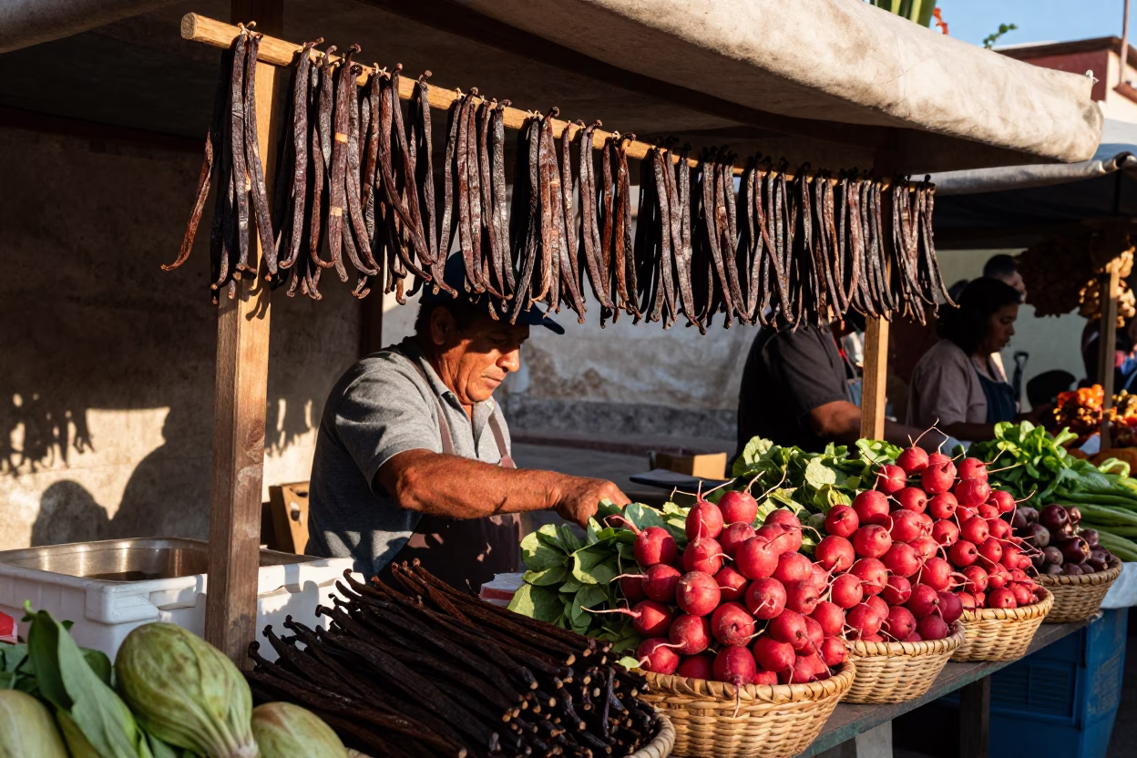 Oaxaca Mexico Late Afternoon Market Stall with Vanilla Beans and Radishes in in Oaxaca, Mexico