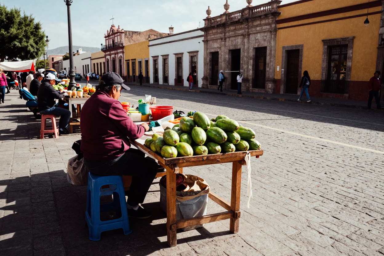 Oaxaca Mexico Late Afternoon Street Scene with Local Market Goods and Wooden Shelves in in Oaxaca, Mexico
