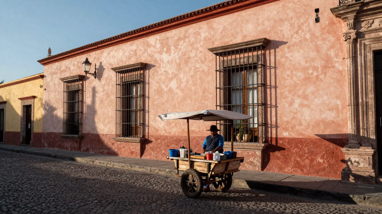 Oaxaca Mexico Late Afternoon Street Scene with Local Vendor and Traditional Elements in in Oaxaca, Mexico