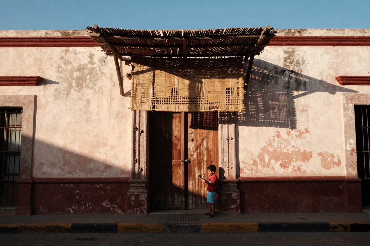 Oaxaca Mexico Late Afternoon Street Scene with Woven Cane Light Patterns in in Oaxaca, Mexico