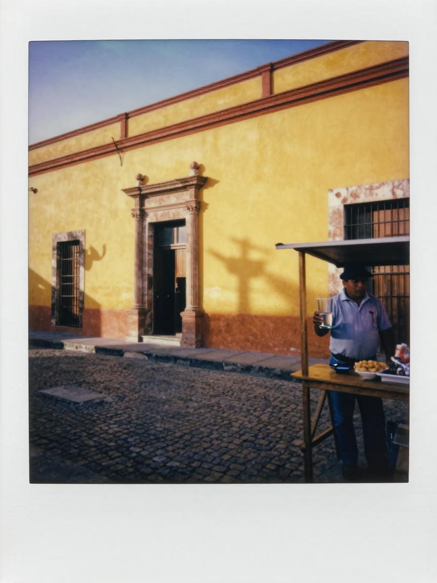 Oaxaca Mexico Late Morning Street Scene with Glass Tumbler and Wicker Shadow in in Oaxaca, Mexico